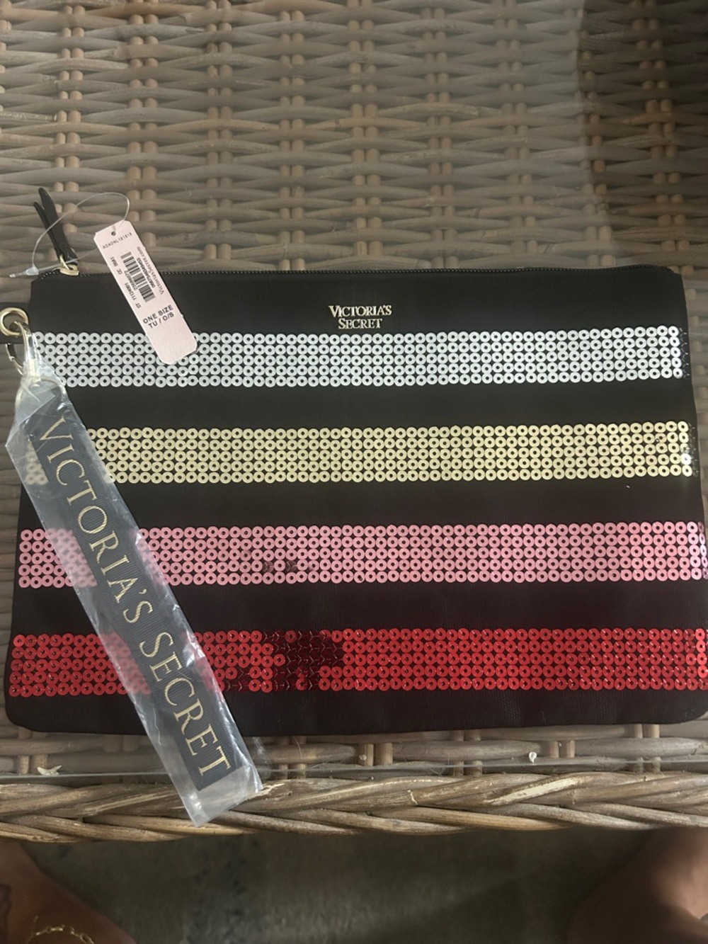 Victoria's Secret Black Clutch with White, Gold, Pink & Red Sequin Stripes